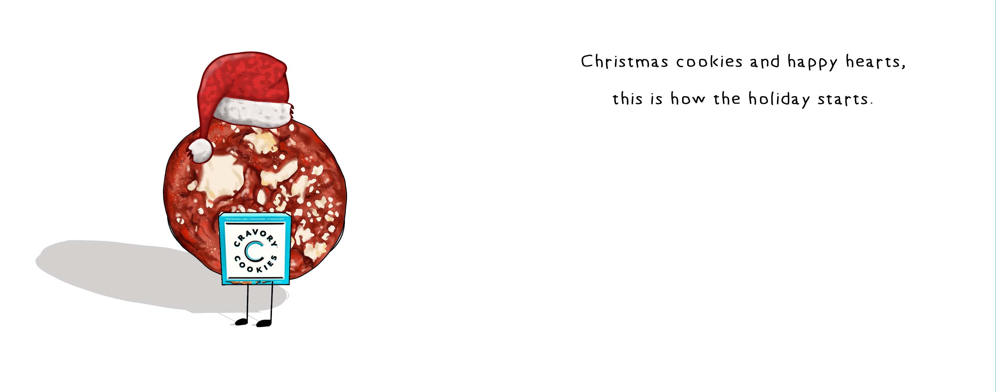 Illustration of a round character with a Santa hat holding a cookie, standing on a white background with text.
