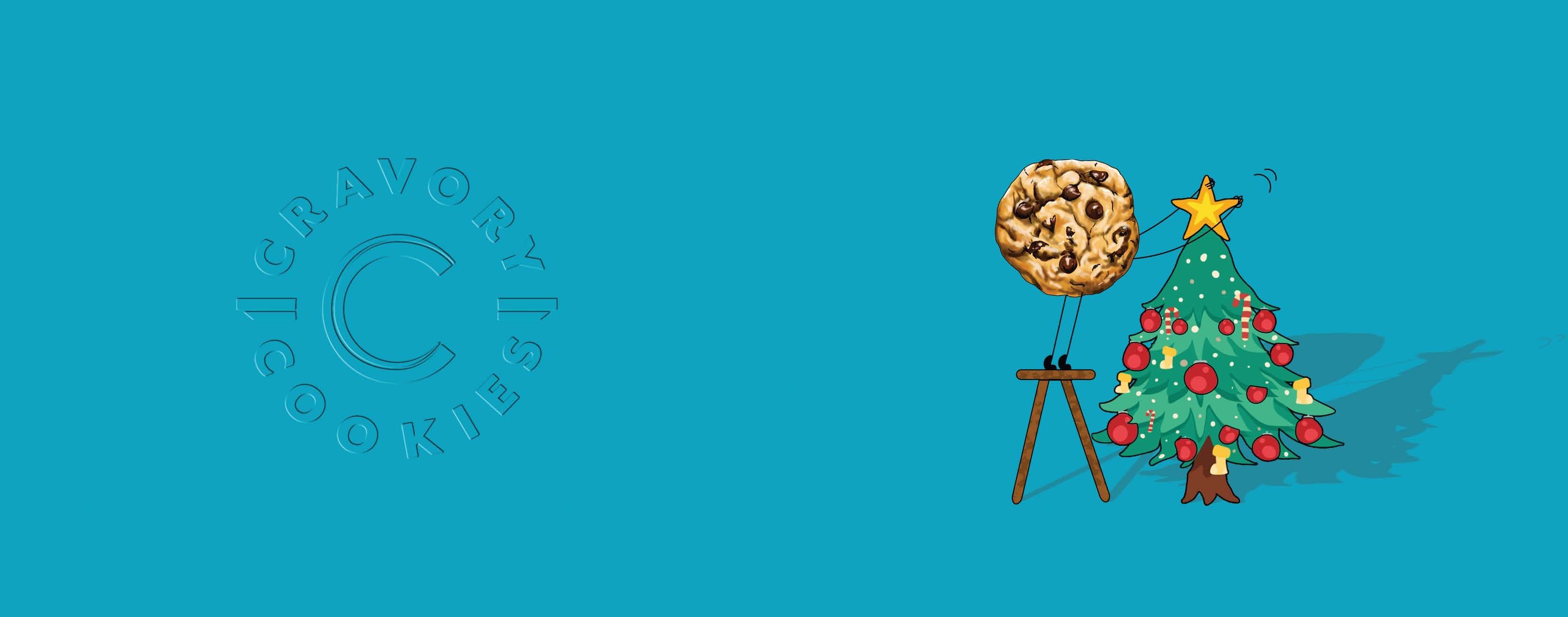 Illustration of a cookie on an easel next to a Christmas tree with a star on a blue background, featuring the Cravey Cookies logo.