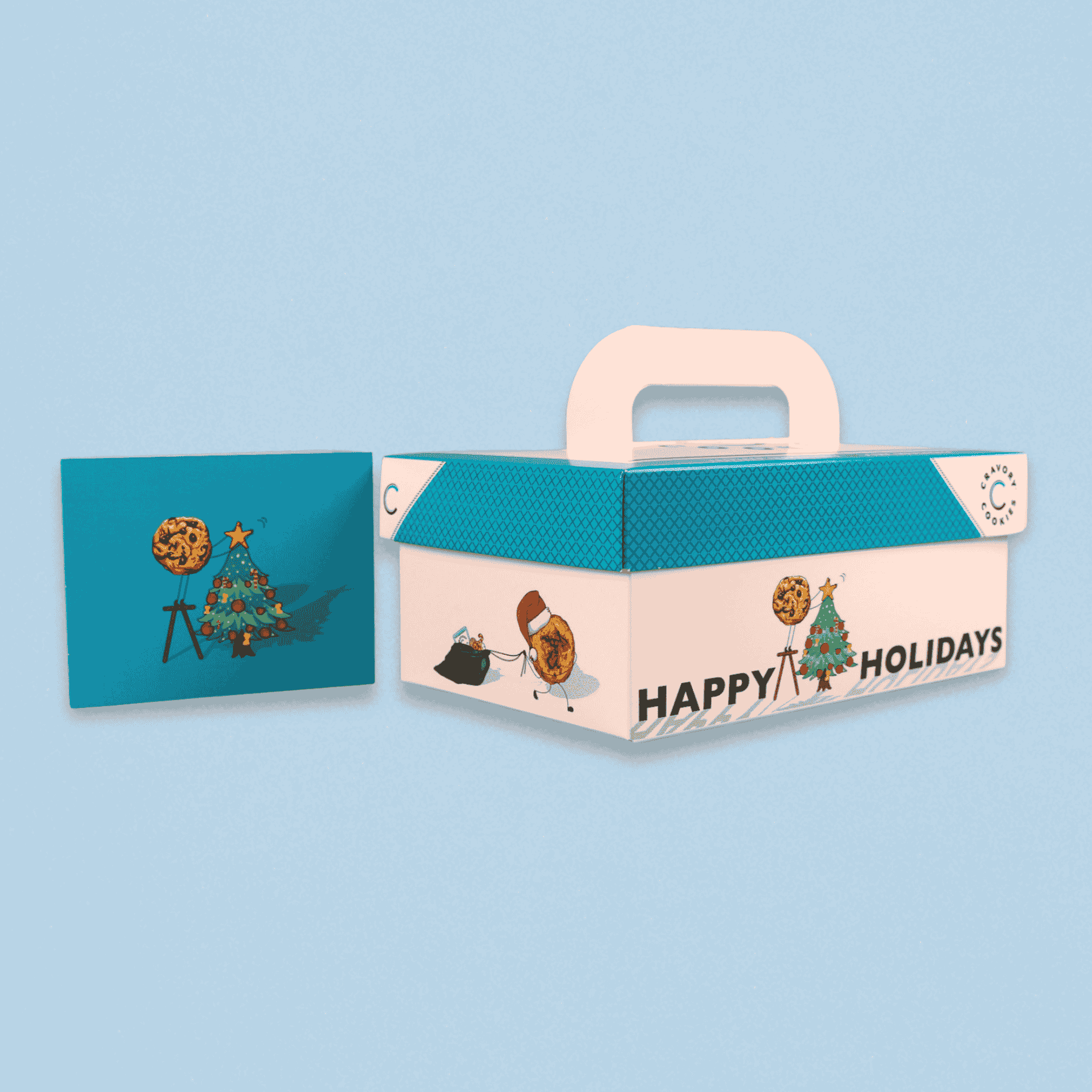 Gift box with 'Happy Holidays' text and Christmas illustrations on a blue background