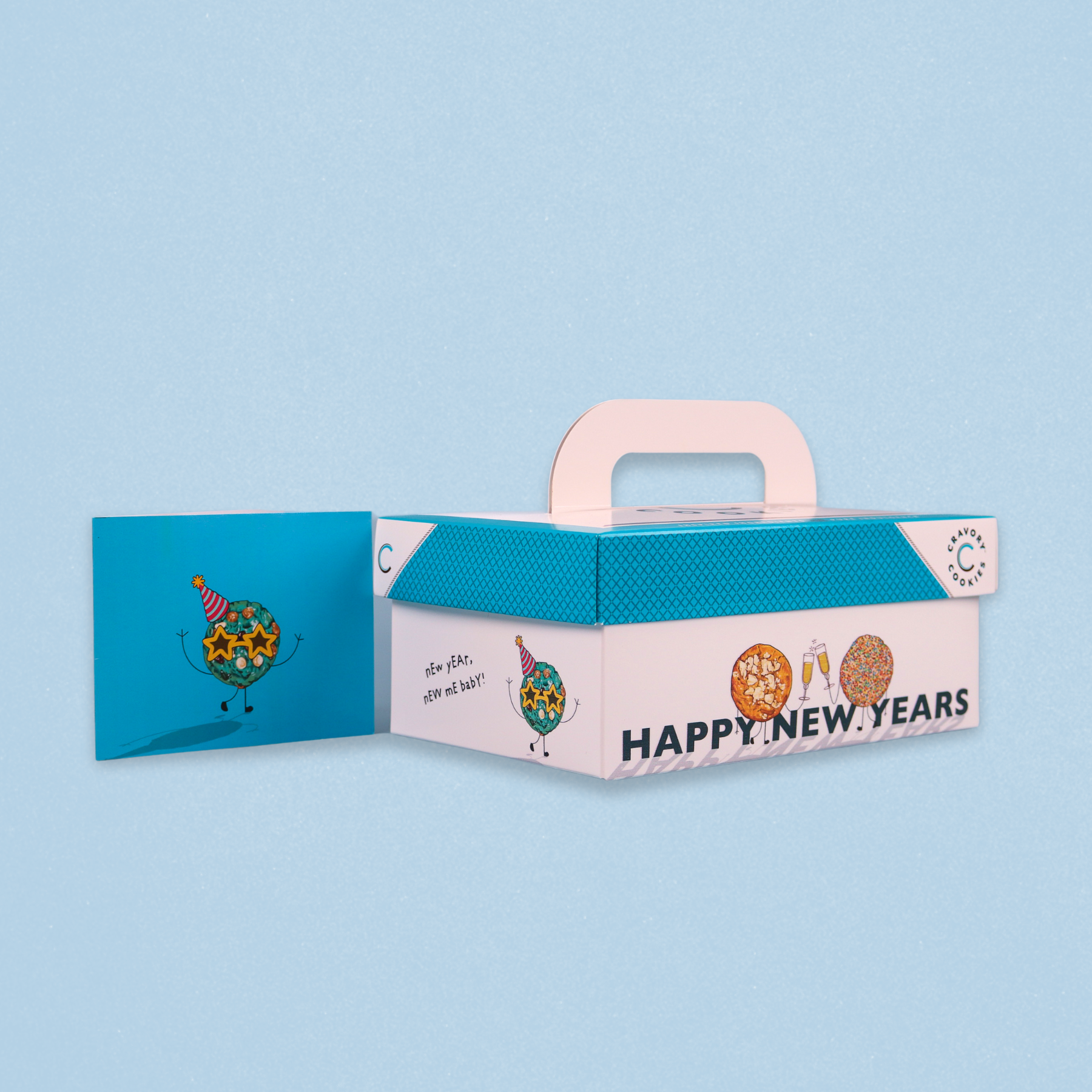 Gift box with 'Happy New Years' text and illustrations on a light blue background
